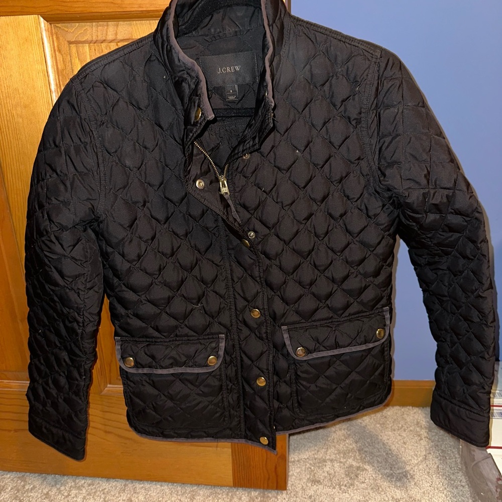 J. Crew Black Quilted Puffer Jacket with Glossy Finish